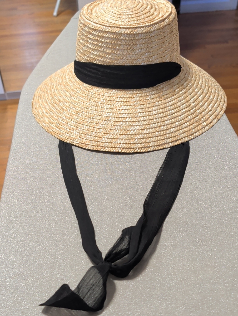 Straw Sun Hat with Black Ribbon Tie - Women Accessories